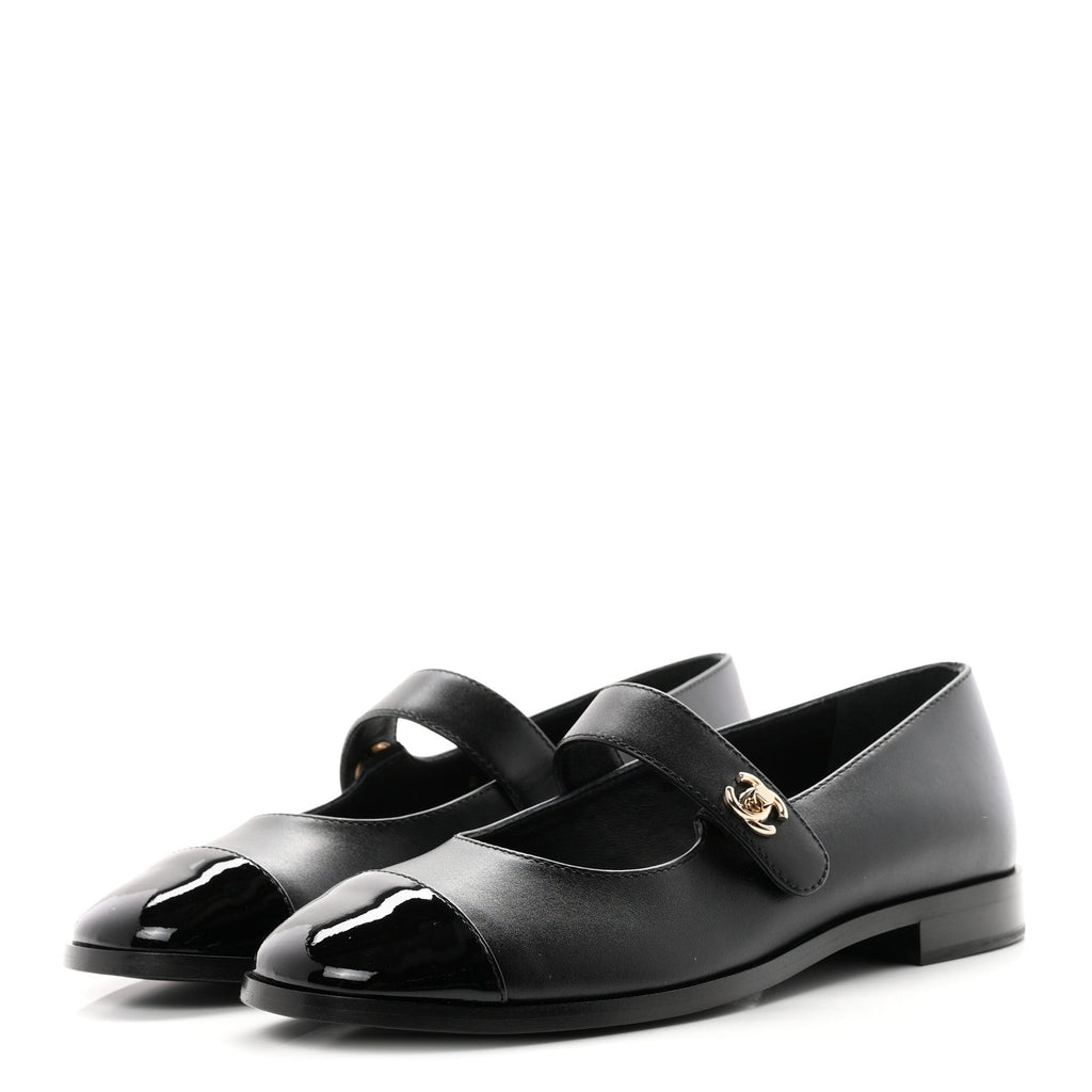 Calfskin Patent Mary Janes Flats 37 Black
