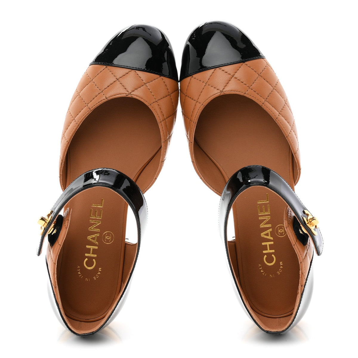 Patent Lambskin Quilted Cap Toe Ballerina Flats 36 Light Brown Black