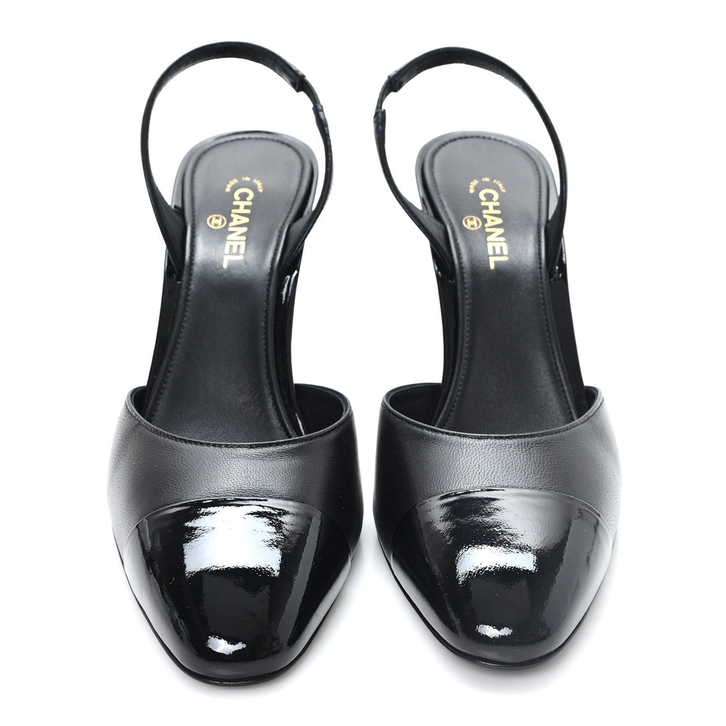 Lambskin Patent Cap Toe CC Apple Slingback Pumps 38.5 Black