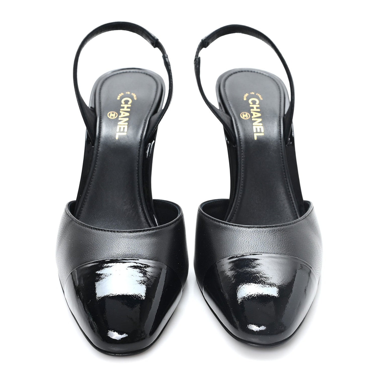 Lambskin Patent Cap Toe CC Apple Slingback Pumps 38.5 Black