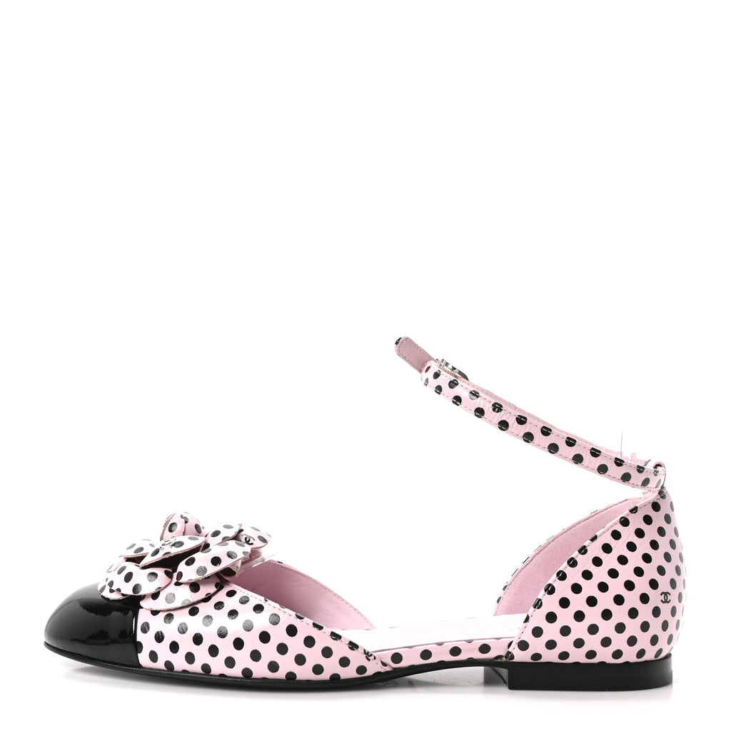 Lambskin Patent Calfskin Cap Toe Polka Dot Camellia Mary Jane Flats 36 Pink Black