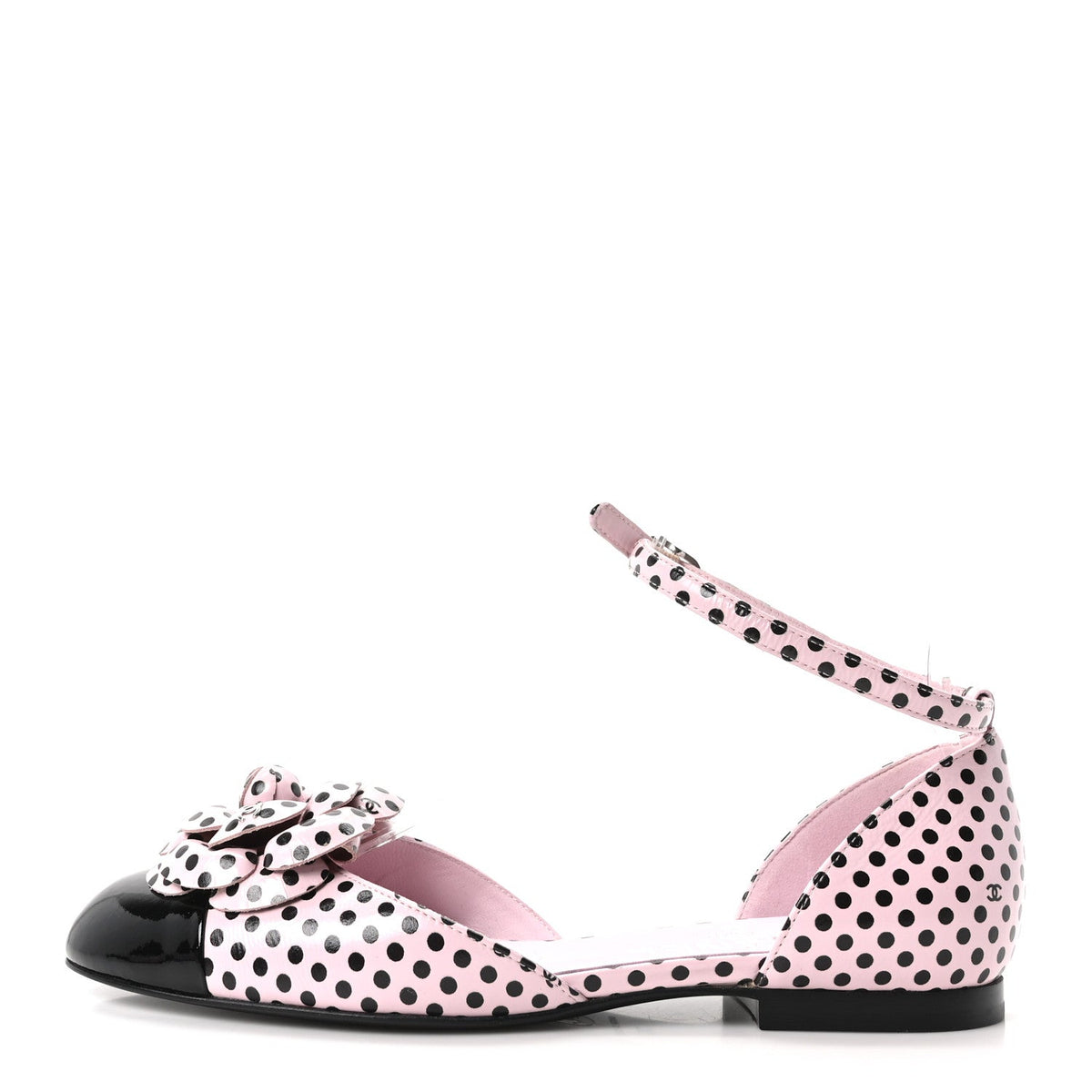 Lambskin Patent Calfskin Cap Toe Polka Dot Camellia Mary Jane Flats 36 Pink Black