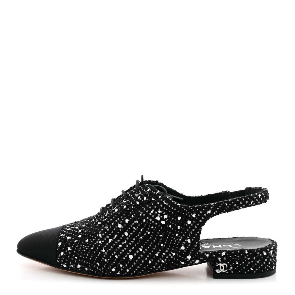 Cotton Tweed Grosgrain Cap Toe Lace Up Slingbacks 38 Black Silver White