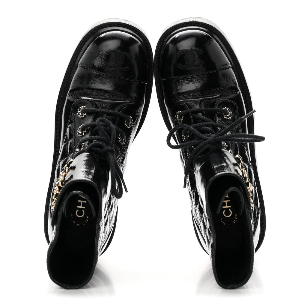 Shiny Lambskin Quilted Lace Up Combat Boots 38 Black
