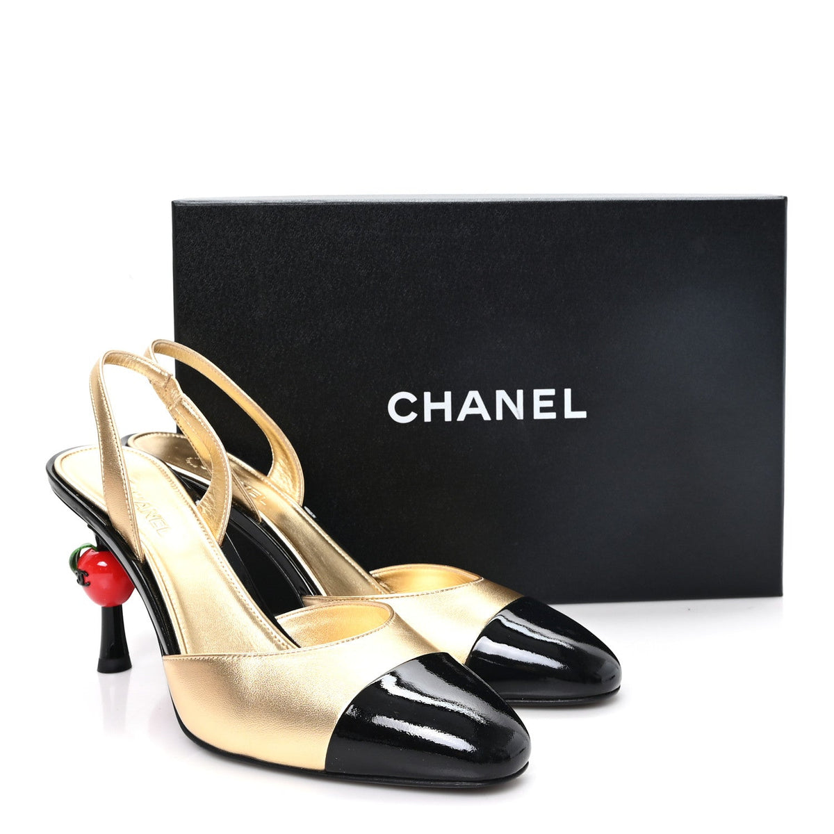 Laminated Lambskin Patent Cap Toe CC Apple Slingback Pumps 40 Gold Black