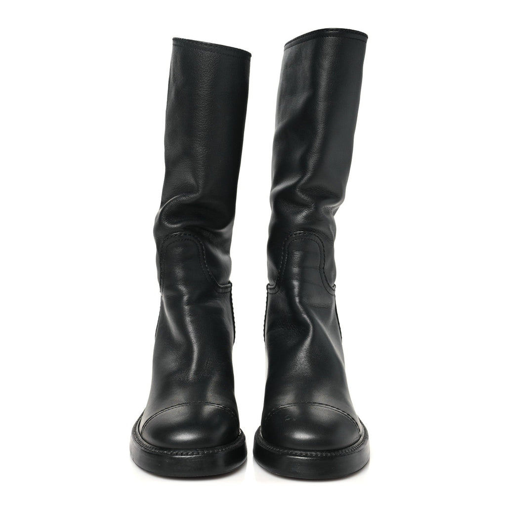 Calfskin Cap Toe High Boots 35 Black