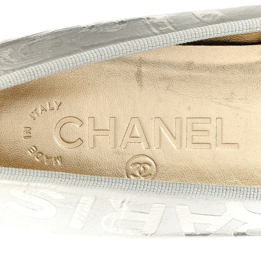 Laminated Goatskin Grosgrain Cap Toe CC Ballerina Flats 36 Silver Black
