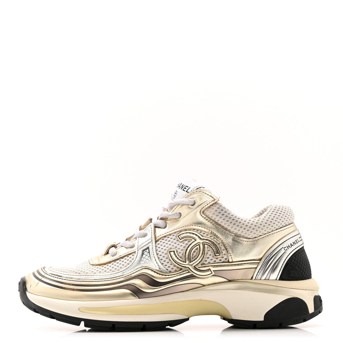 Fabric Laminated Calfskin Stretch CC Sneakers 36.5 White Gold Silver