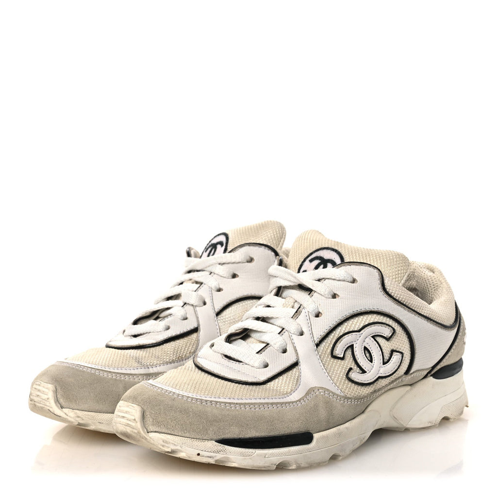 Mesh Suede Calfskin Grosgrain Womens CC Sneakers 37.5 White Black