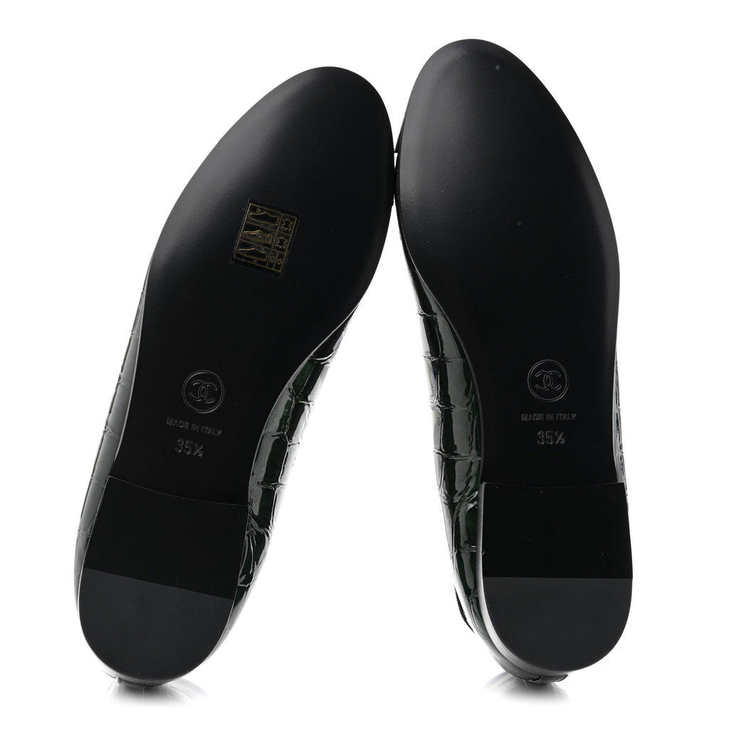 Crocodile Embossed Patent Calfskin Cap Toe CC Ballerina Flats 35.5 Dark Green Black