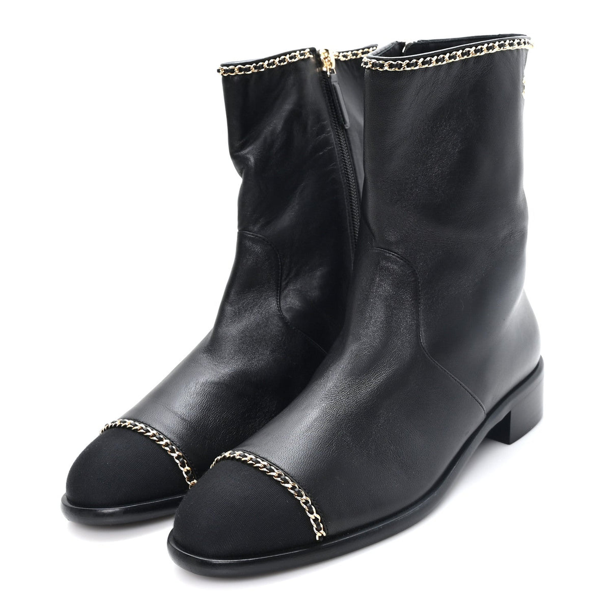 Lambskin Grosgrain Cap Toe Chain Short Boots 38 Black