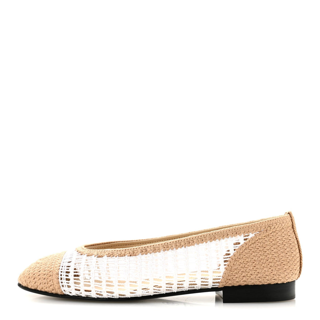 Raffia Cap Toe Ballerina Flats 38 White Beige