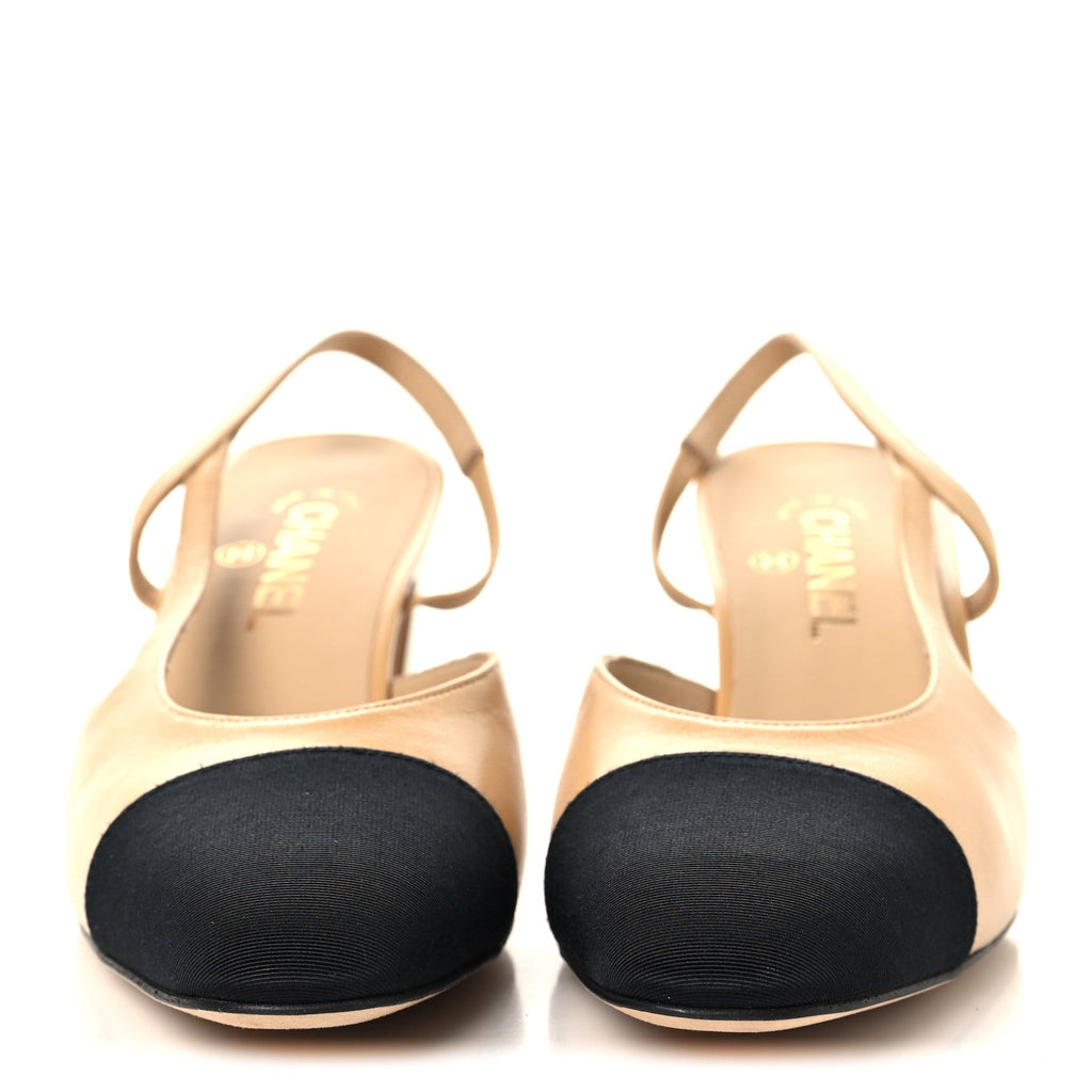 Goatskin Grosgrain Cap Toe CC Slingback Pumps 40.5 Beige Black