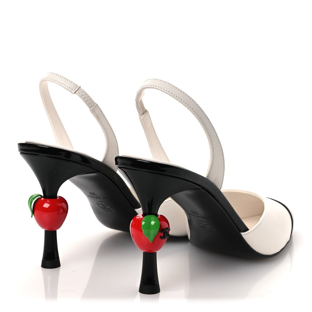 Lambskin Patent Cap Toe CC Apple Slingback Pumps 39 White Black