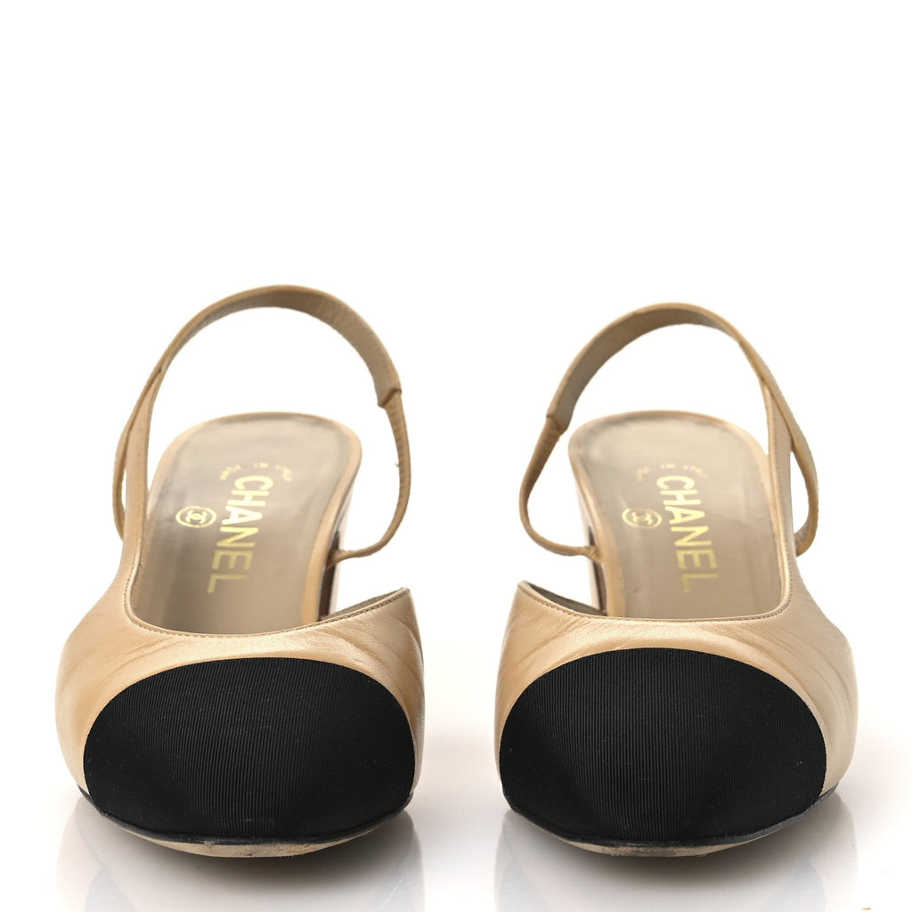 Goatskin Grosgrain Cap Toe CC Slingback Pumps 38.5 Beige Black