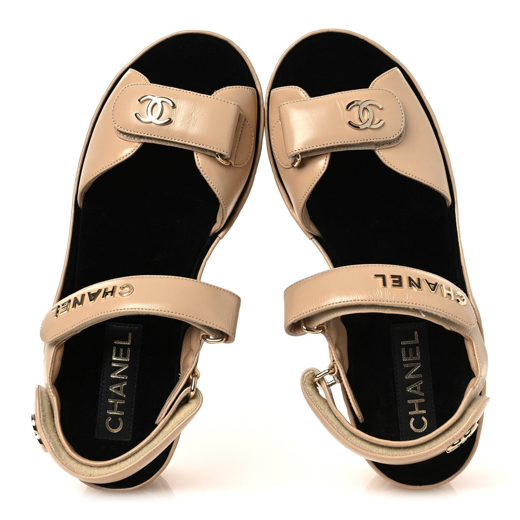 Shiny Calfskin Logo Platform Sandals 40 Beige