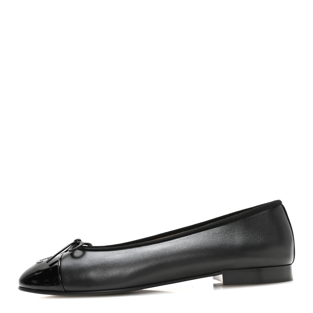 Lambskin Patent Cap Toe Ballerina Flats 39.5 Black