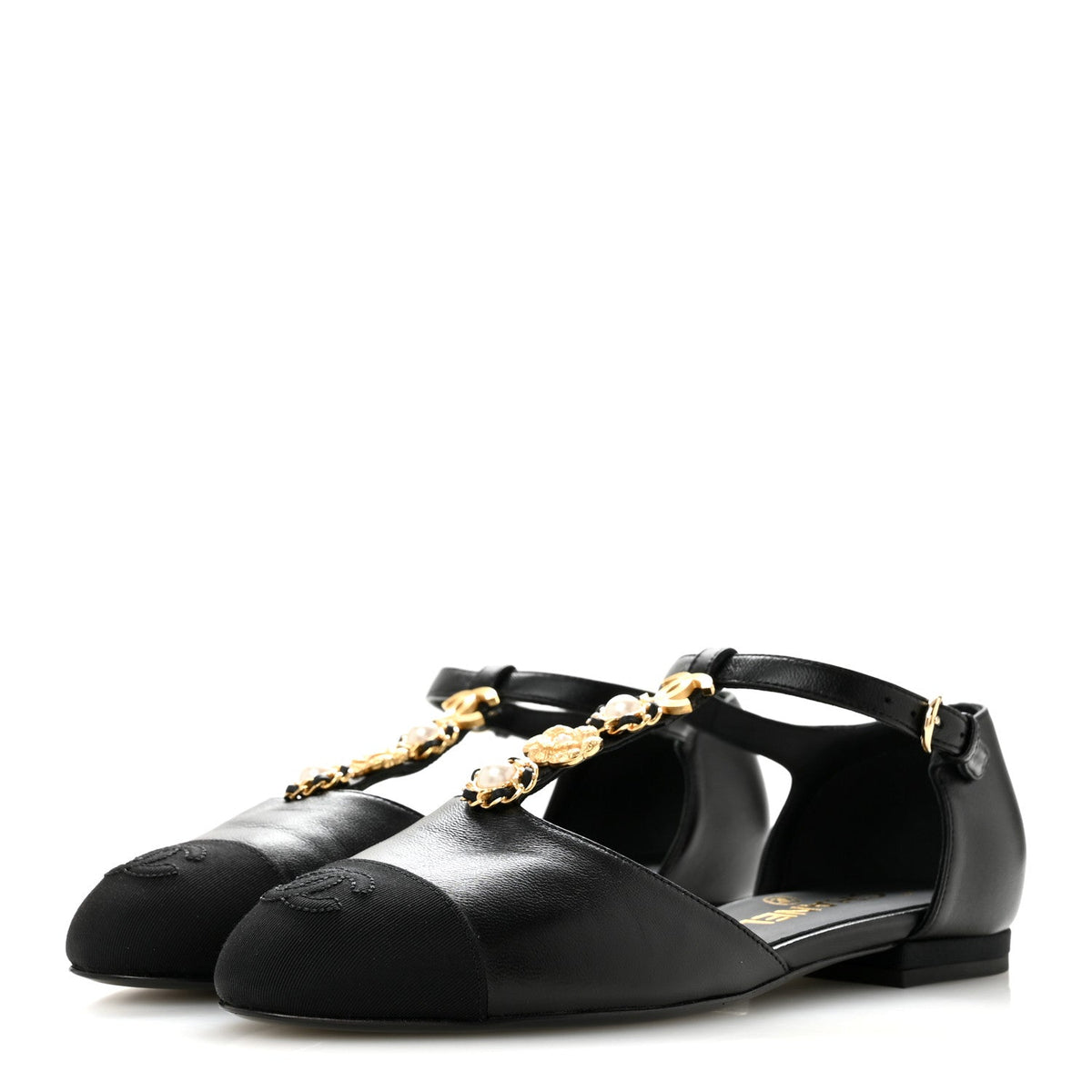 Lambskin Grosgrain Cap Toe Pearl CC Mary Jane Flats 36 Black