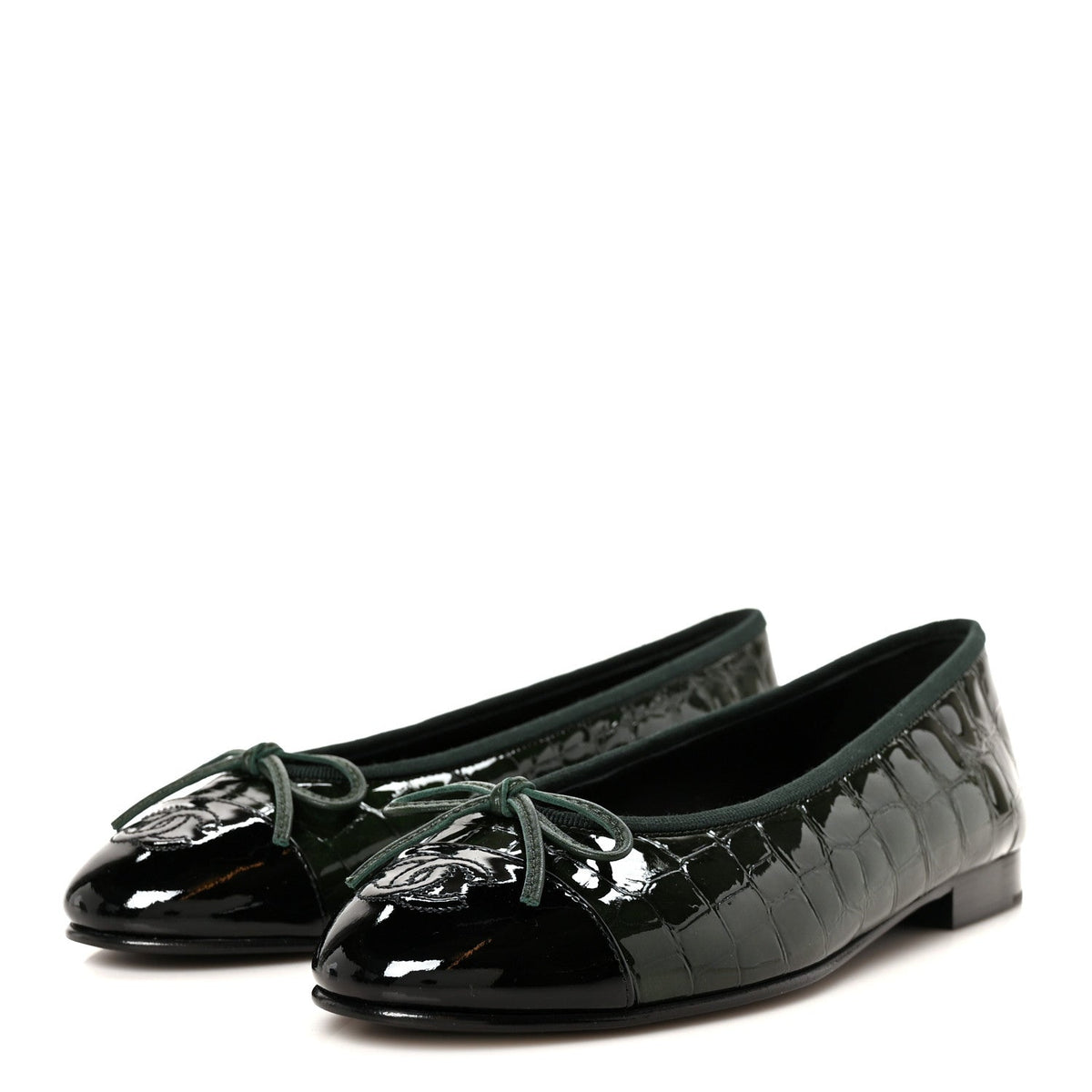 Patent Calfskin Crocodile Embossed Ballerina Flats 36.5 Dark Green Black