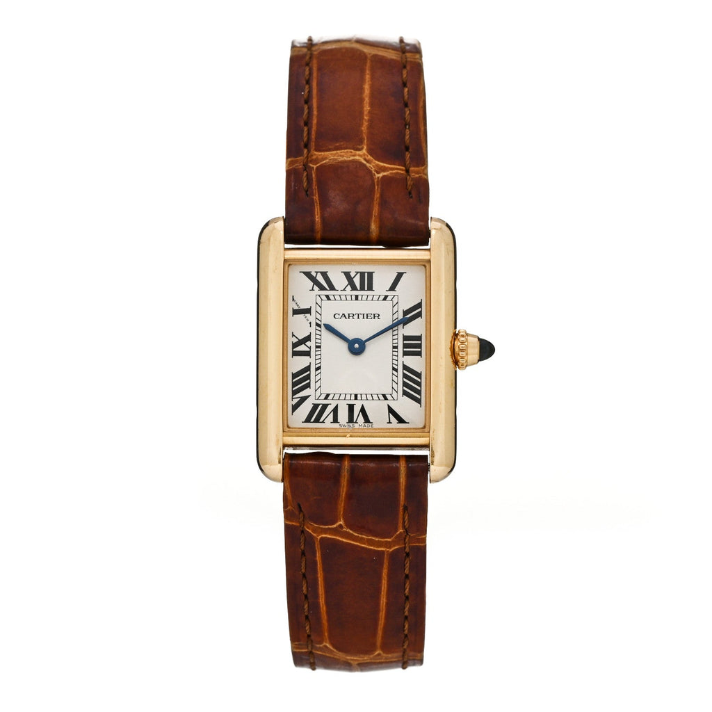 18K Yellow Gold Alligator 22mm Tank Louis Quartz Watch Brown