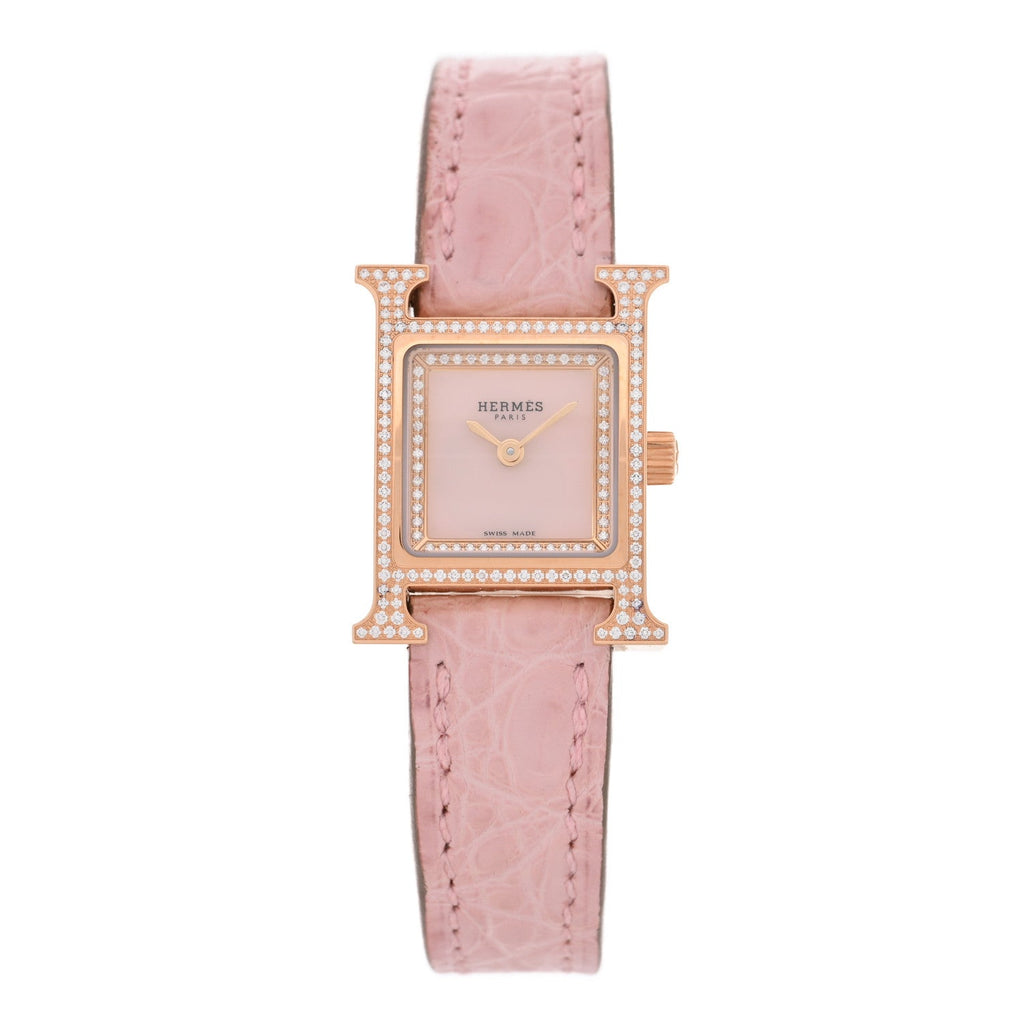 18K Rose Gold Alligator Diamond Bezel Rose Opal 17.2mm Heure H Hour Quartz Watch Rose Pale