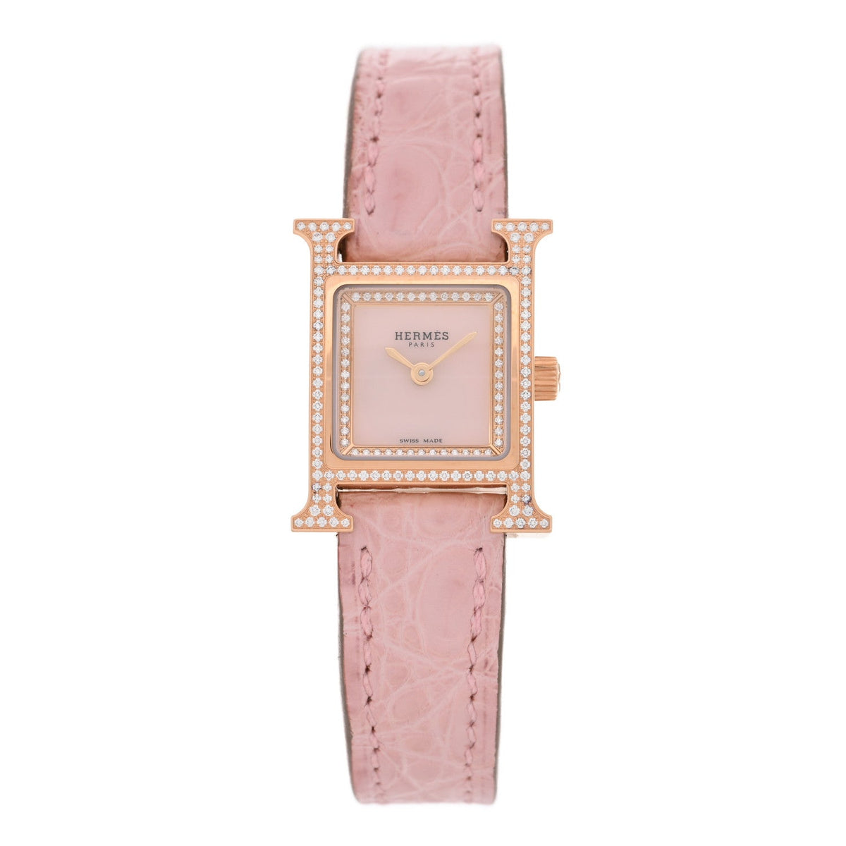 18K Rose Gold Alligator Diamond Bezel Rose Opal 17.2mm Heure H Hour Quartz Watch Rose Pale