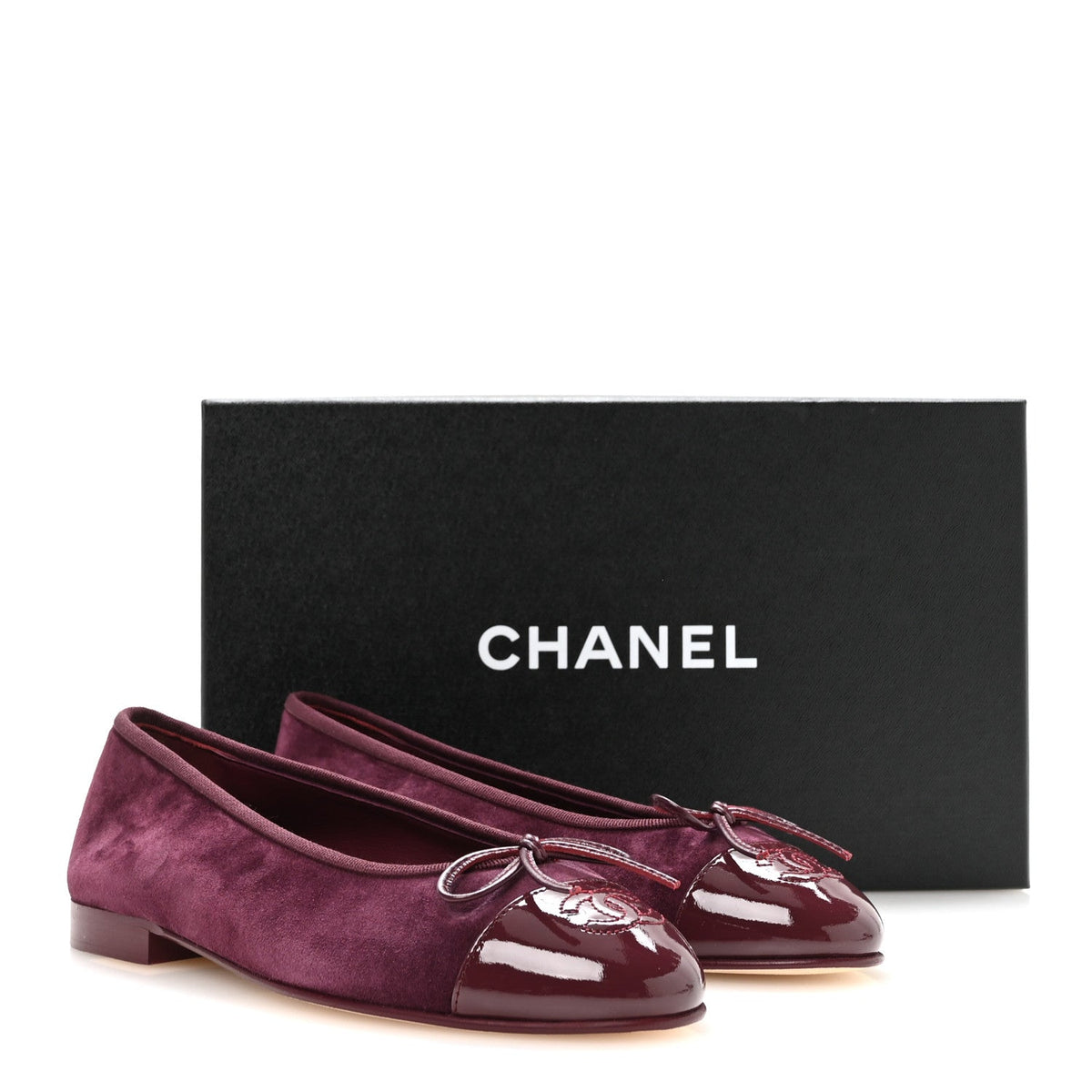 Suede Patent Calfskin Cap Toe CC Ballerina Flats 37 Burgundy