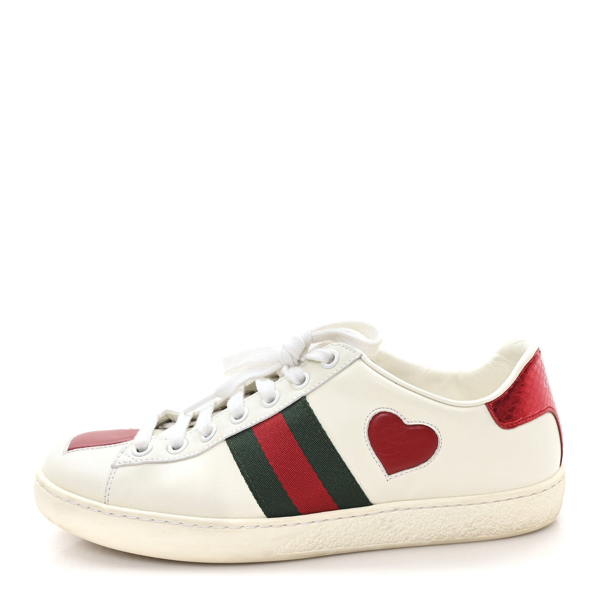 Calfskin Web Heart Embroidered Womens Ace Sneakers 36 White