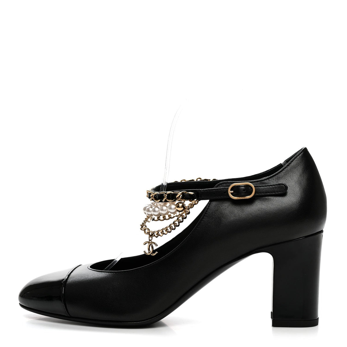 Shiny Lambskin Patent Calfskin Cap Toe Ankle Pearl Chain Pumps 39.5 Black