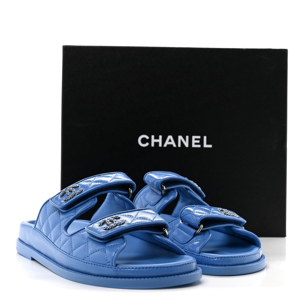 Lambskin Quilted Velcro Dad Chain CC Slide Sandals 39 Blue