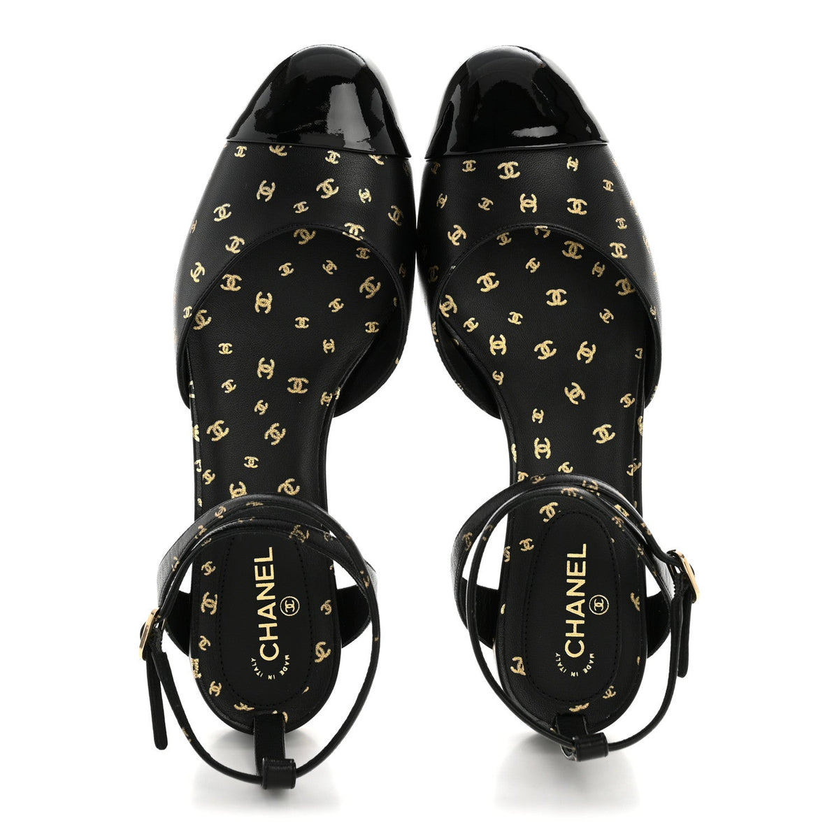 Printed Lambskin Patent Calfskin Cap Toe CC Slingbacks 36.5 Black Gold