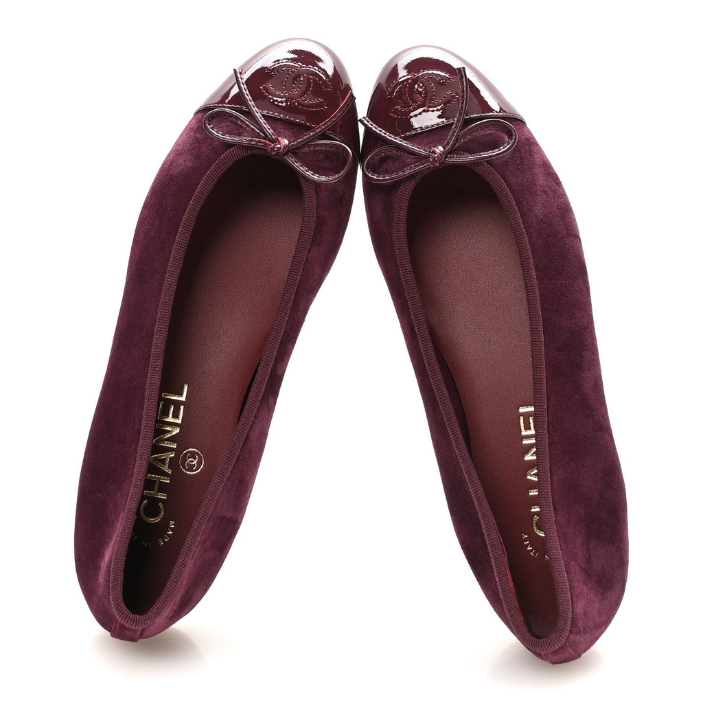Suede Patent Calfskin Cap Toe CC Ballerina Flats 37 Burgundy