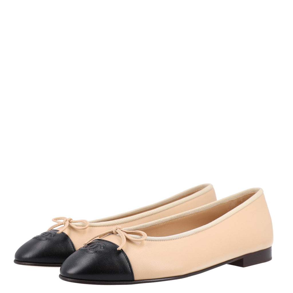 Lambskin Cap Toe CC Ballerina Flats 40.5 Beige Black