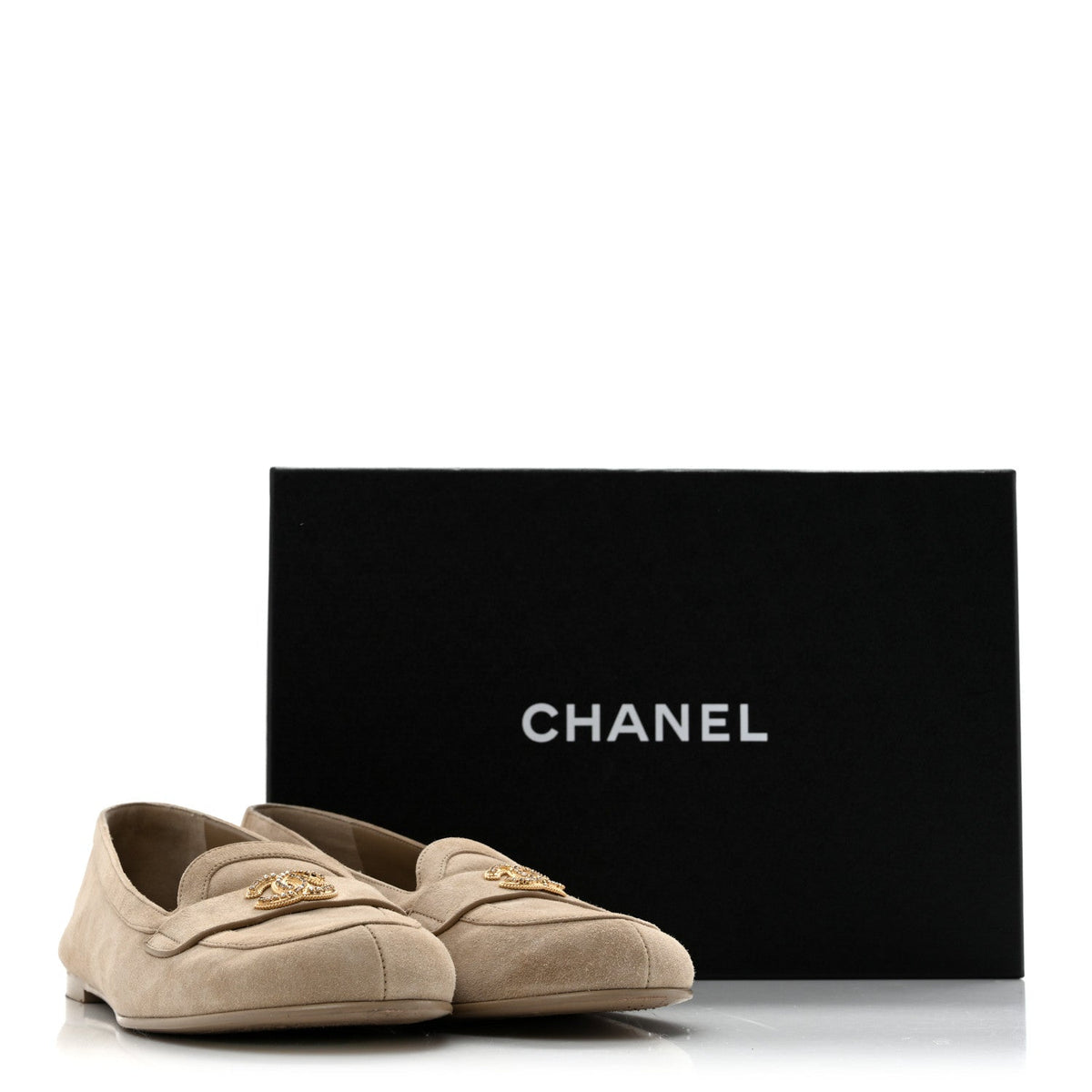 Suede Crystal CC Mocassin Loafers 39.5 Beige