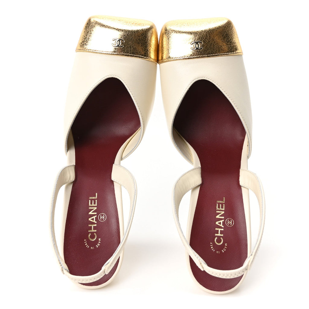 Lambskin Metallic Crackled Calfskin Square Cap Toe CC Slingback Pumps 38 Ivory Gold