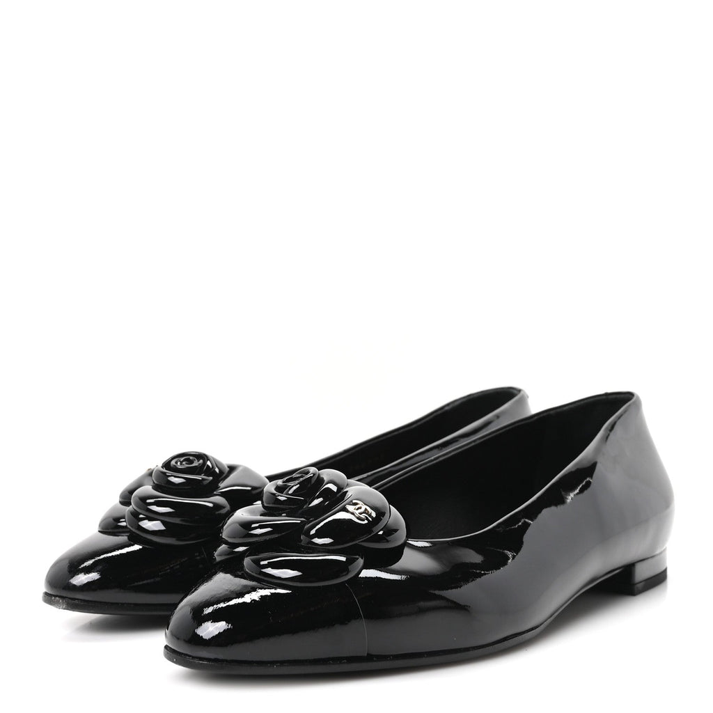 Patent Camellia Ballerina Flats  40 Black