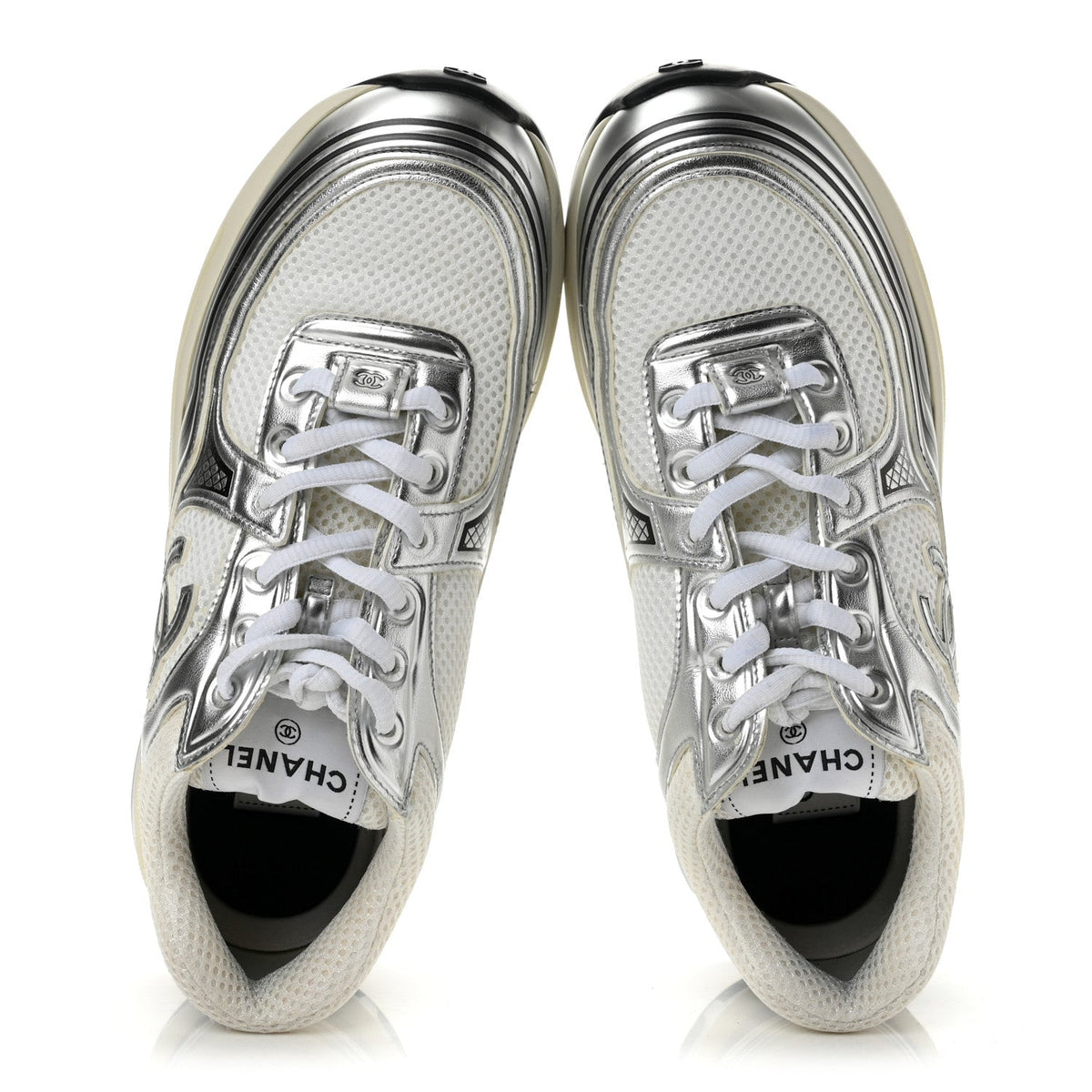 Fabric Laminated Calfskin Stretch CC Sneakers 37.5 White Silver