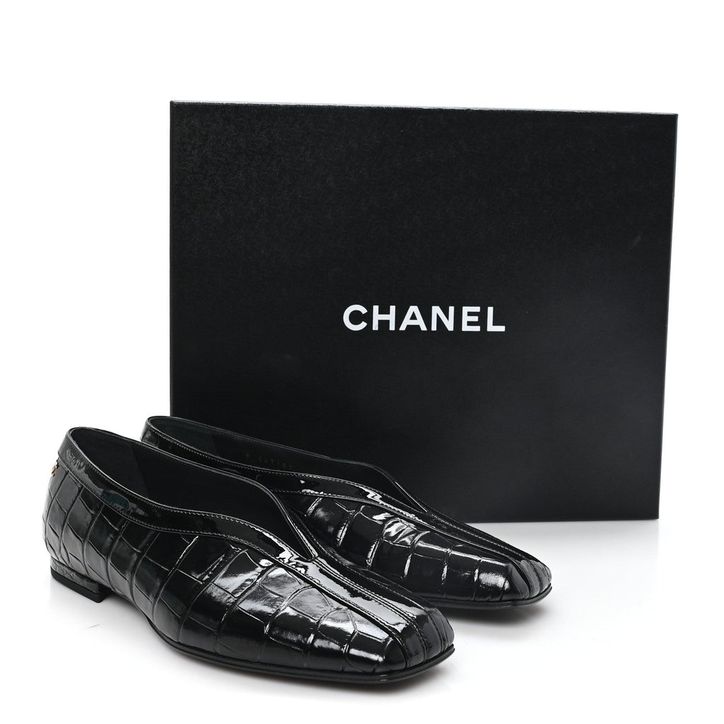 Crocodile Embossed Patent Calfskin Ballet Flats 36.5 Black
