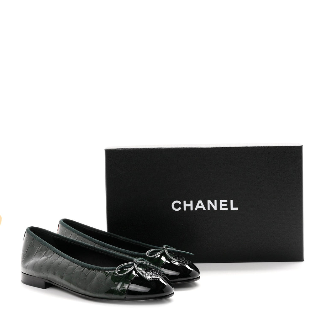 Patent Calfskin Crocodile Embossed Ballerina Flats 36.5 Dark Green Black