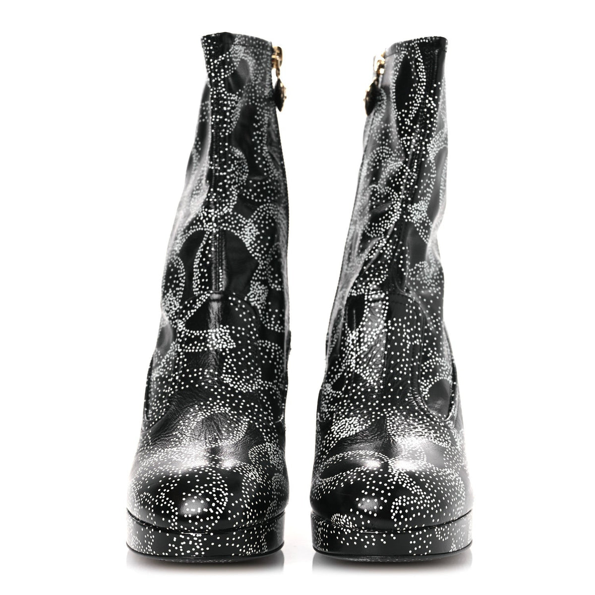 Calfskin Camellia Printed Ankle Boots 38.5 Black White