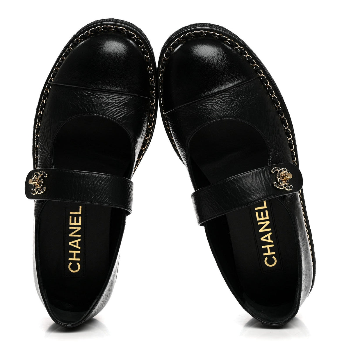 Crumpled Lambskin Cap Toe Chain CC Turnlock Mary Jane Flats 35 Black