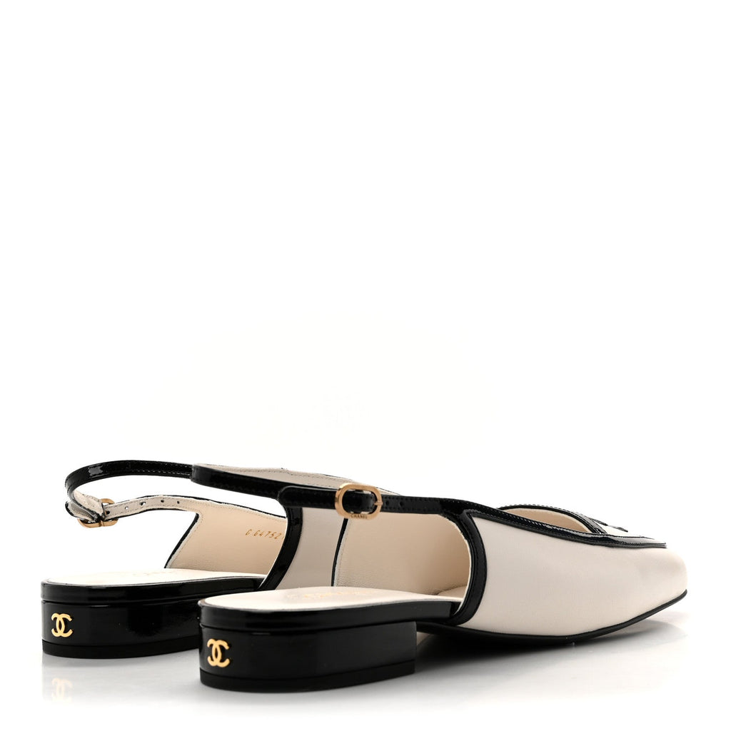Lambskin Patent Calfskin Cap Toe CC Slingback Pumps 39 Ivory Black