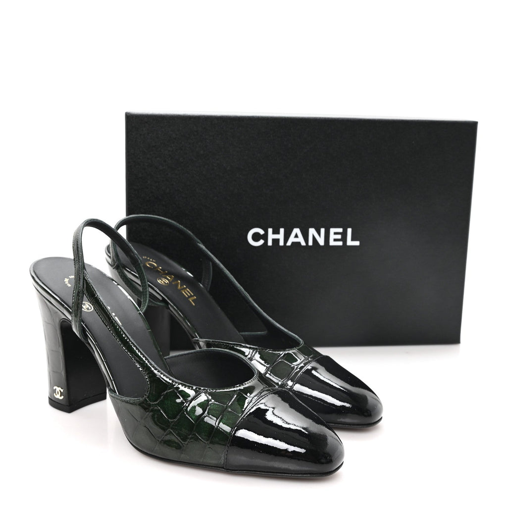Patent Calfskin Crocodile Embossed Cap Toe CC Slingback 40 Dark Green Black