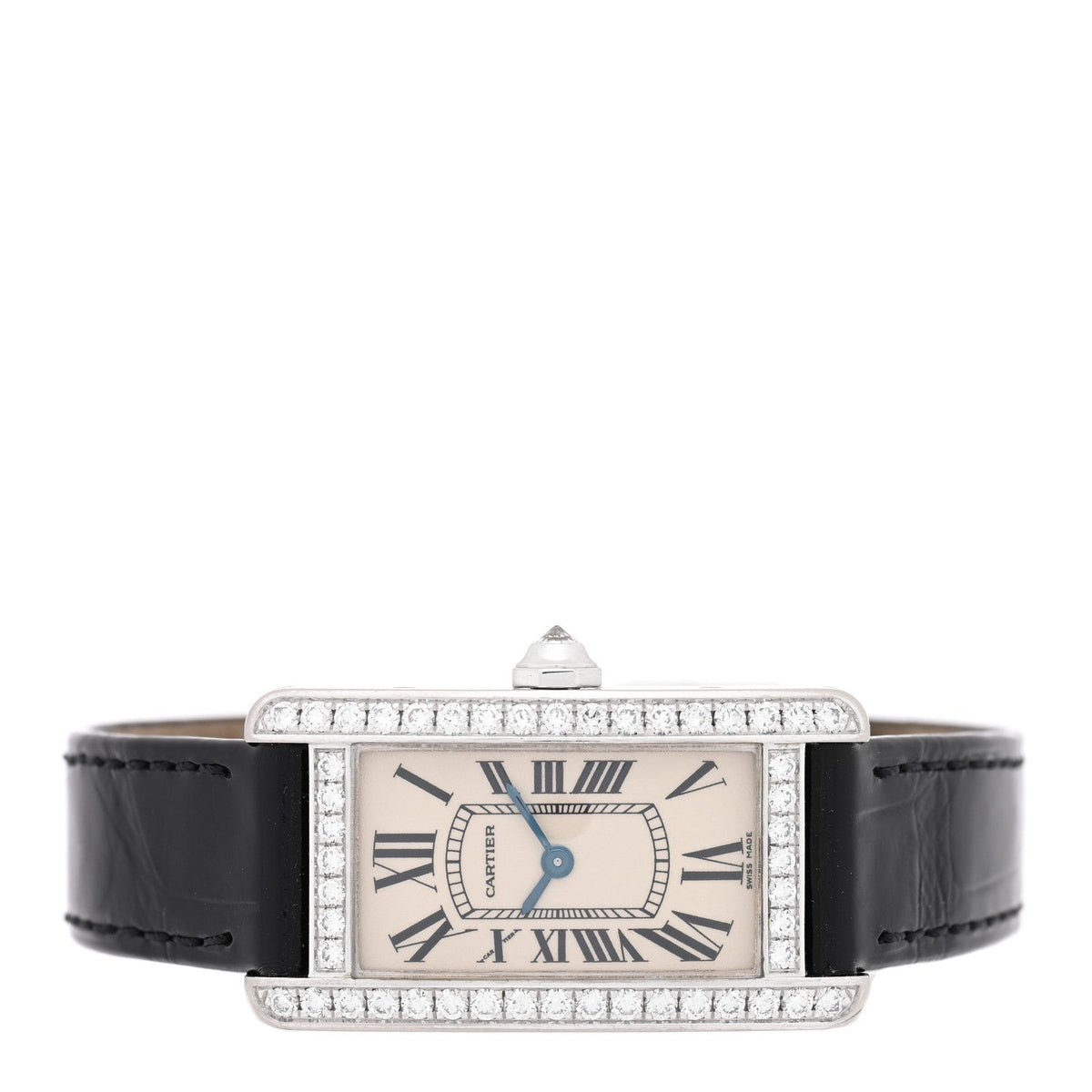 18K White Gold Alligator Diamond Bezel 19mm Tank Americaine Quartz Watch