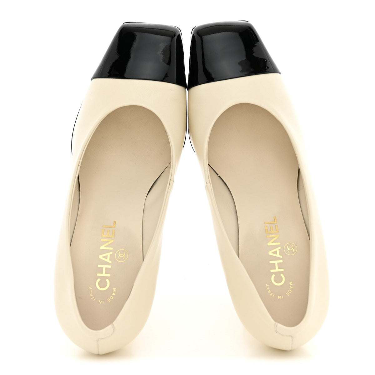 Lambskin Patent Calfskin Cap Toe Pumps 39.5 Ivory Black