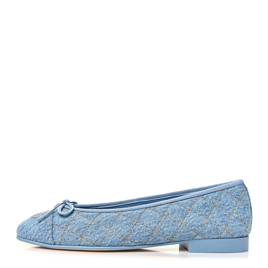 Washed Denim Quilted Cap Toe CC Ballerina Flats 37 Blue