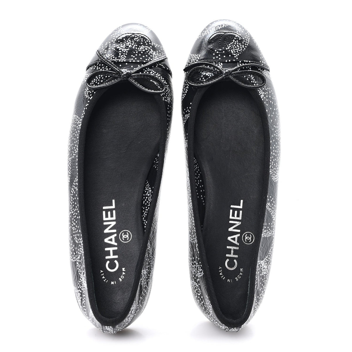 Calfskin Camellia Printed Cap Toe Ballerina Flats 36.5 Black White