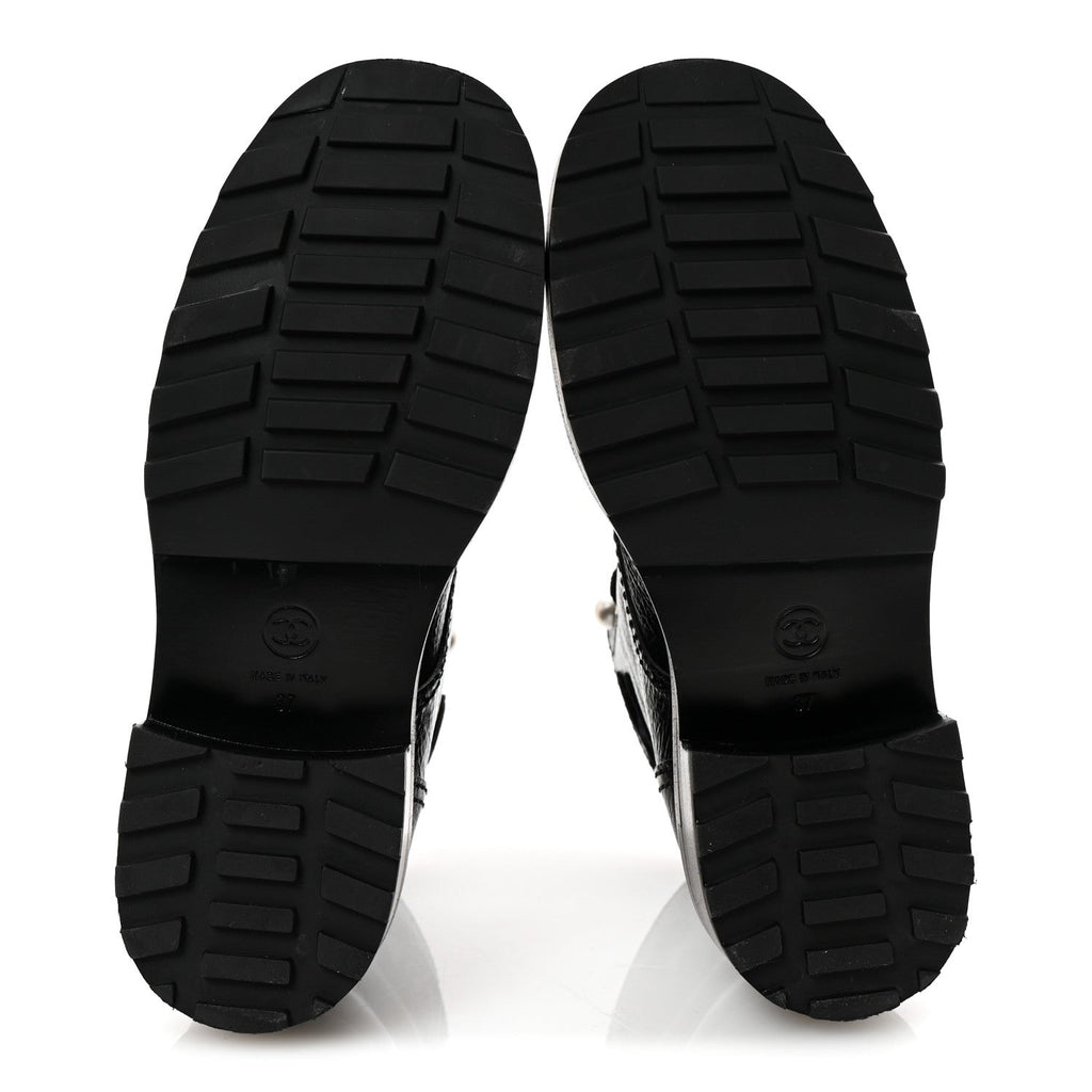 Shiny Calfskin Velvet Pearl Combat Short Boots 37 Black