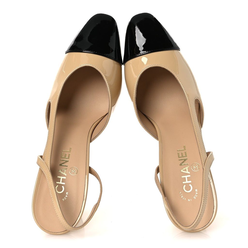 Patent Calfskin Cap Toe CC Slingback Pumps 40 Beige Black