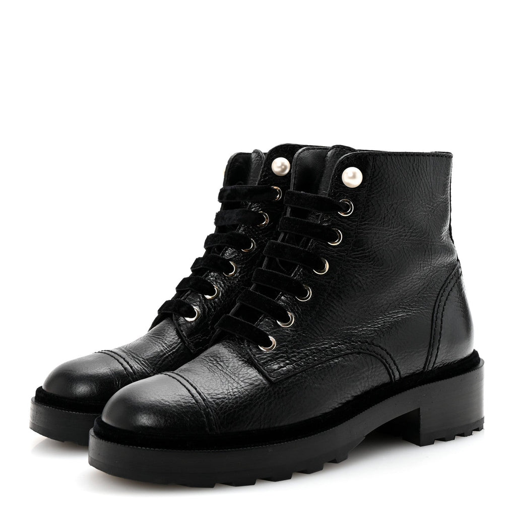 Shiny Calfskin Velvet Pearl Combat Short Boots 37 Black